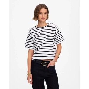 Madewell Small Everyday Boxy Crop Tee Striped White Black Crewneck Stretch NWT